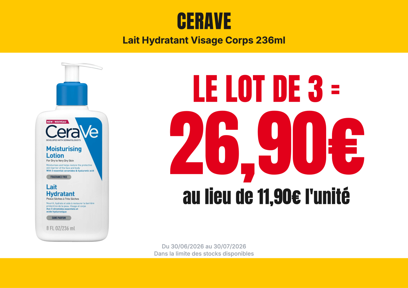 CeraVe Lait Hydratant 236ml — Lot de 3 à 26,90€