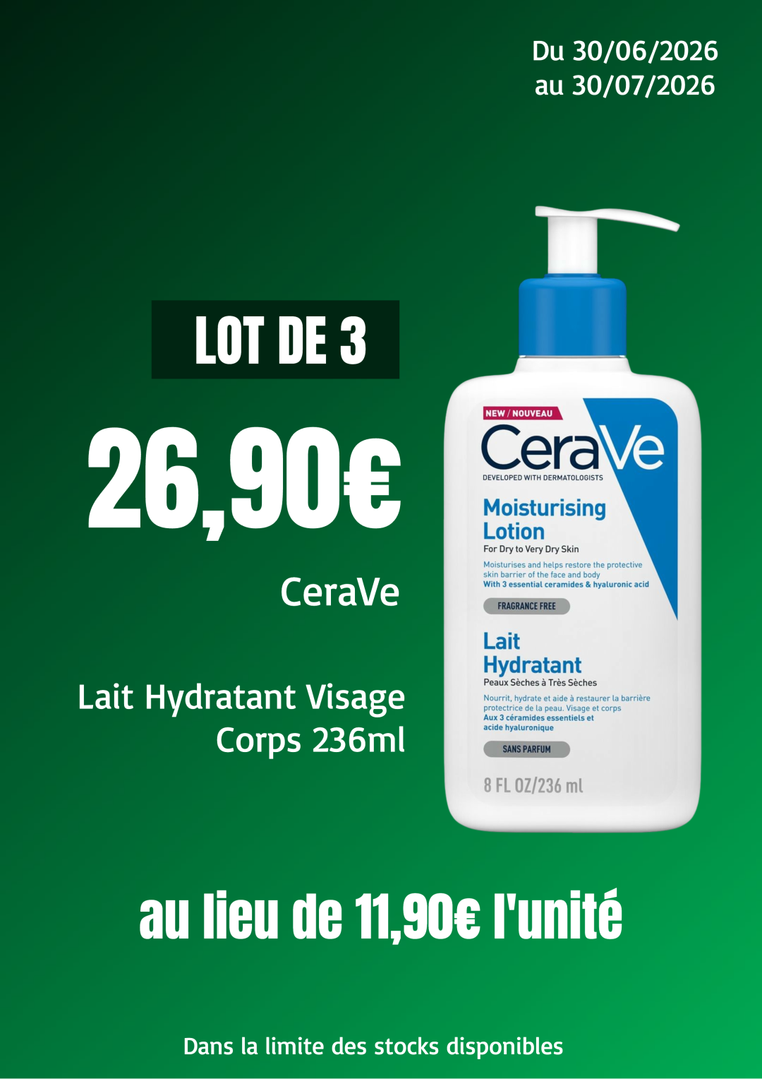 CeraVe Lait Hydratant Visage Corps 236ml — Lot de 3 à 26,90€